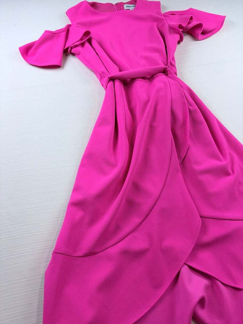 Shelby & Palmer Fuchsia Cold Shoulder Ruffle Wrap Midi Dress with Belt